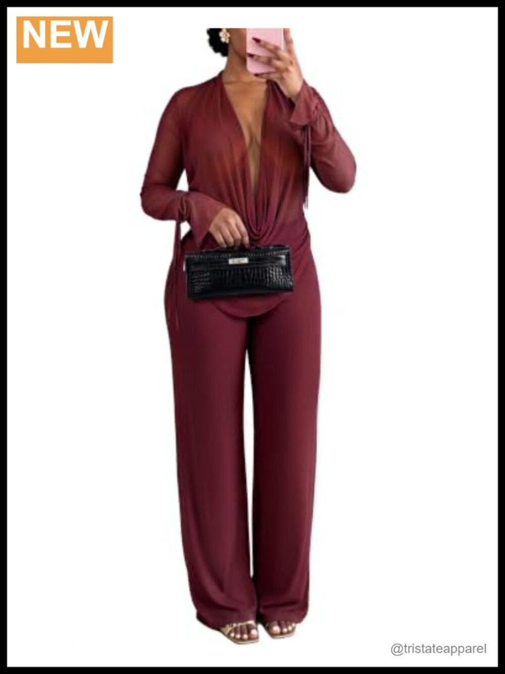 Women's Mesh 2 Piece Outfit Cowl Neck Top Wide Leg Pants Set